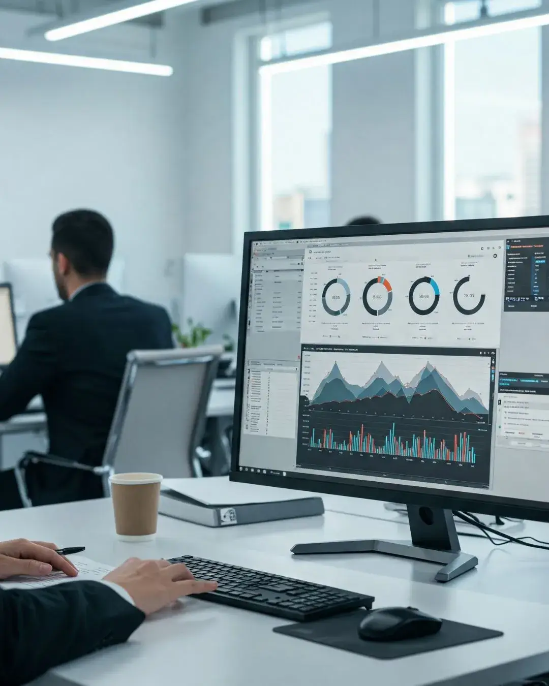 Background showing a digital dashboard, map, or consultation happening