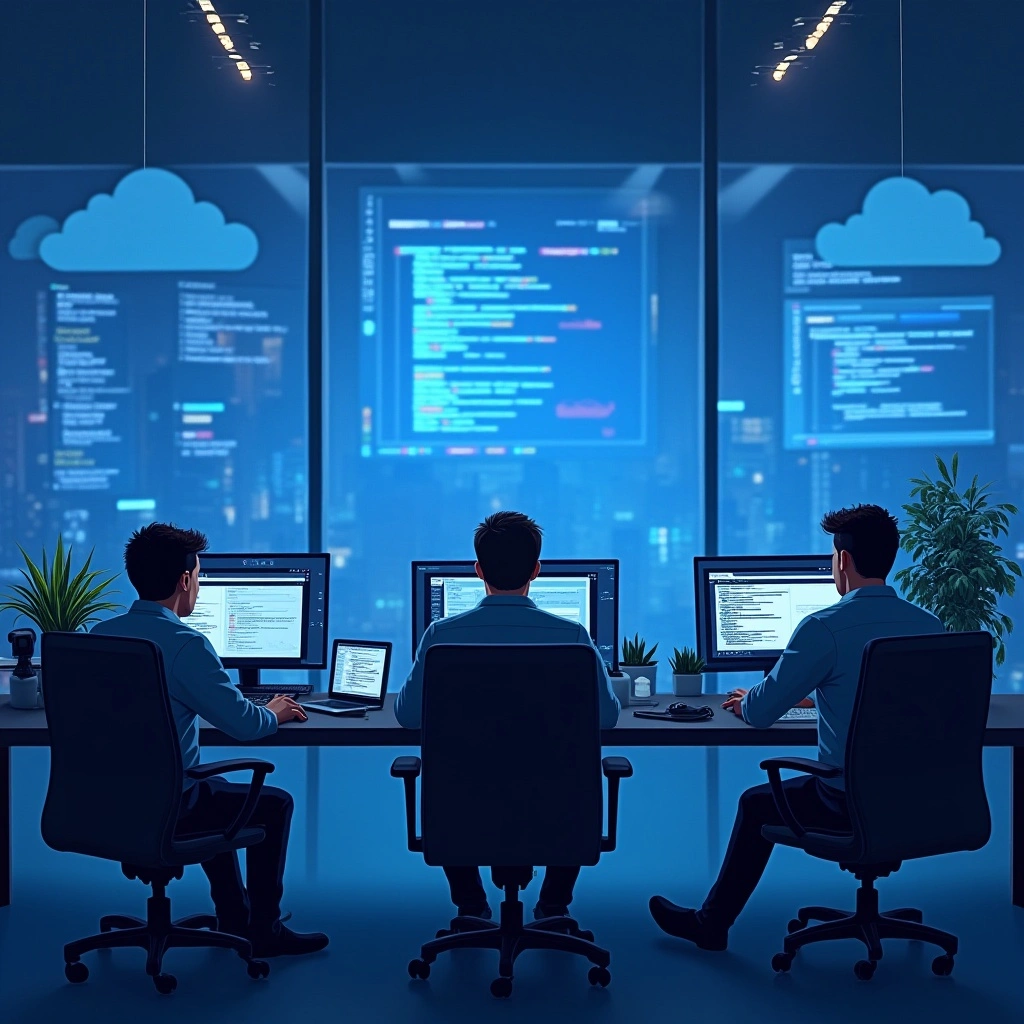 Realistic vector-style illustration of software developers in a modern office using laptops and large monitors, code on screen, cloud infrastructure visuals, digital dashboards