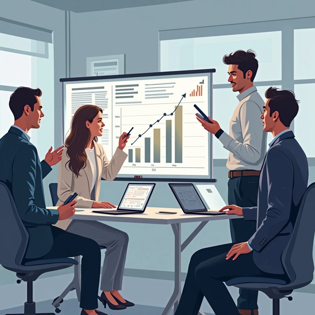 Professional startup founders and consultants collaborating with tablets and laptops, growth charts, tech whiteboards in background