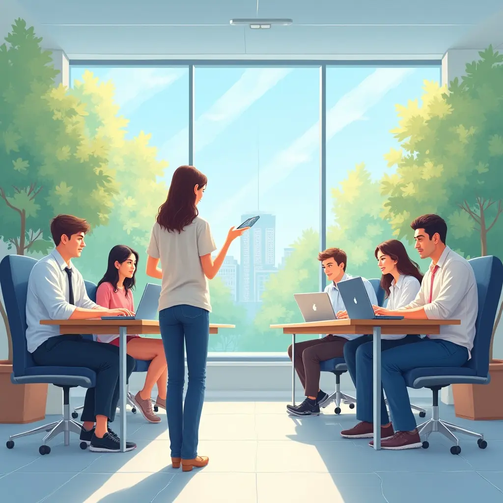 digital illustration of college administrators and students using laptops in a hybrid learning setup