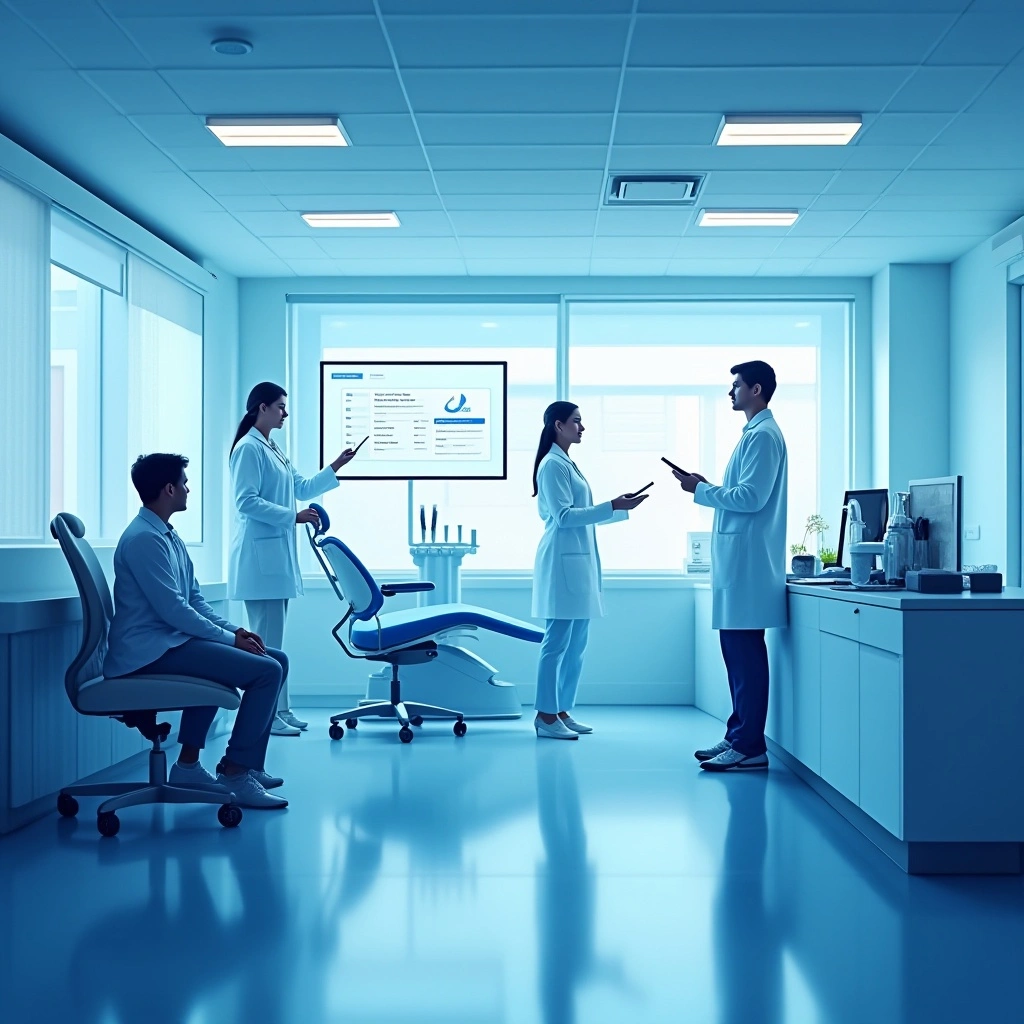 Clean and realistic clinic reception and consultation scene, with digital appointment screen, cloud patient dashboard, staff at computers