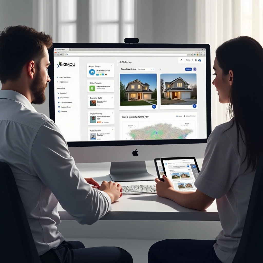 Real estate agent at desk with CRM and listings dashboard open on screen, client viewing properties on tablet