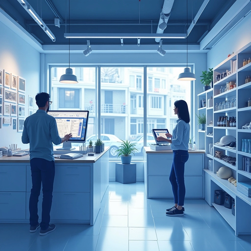 Illustration of a small retail store or contractor’s workspace, digital booking or POS system in use, customer interacting with online inventory